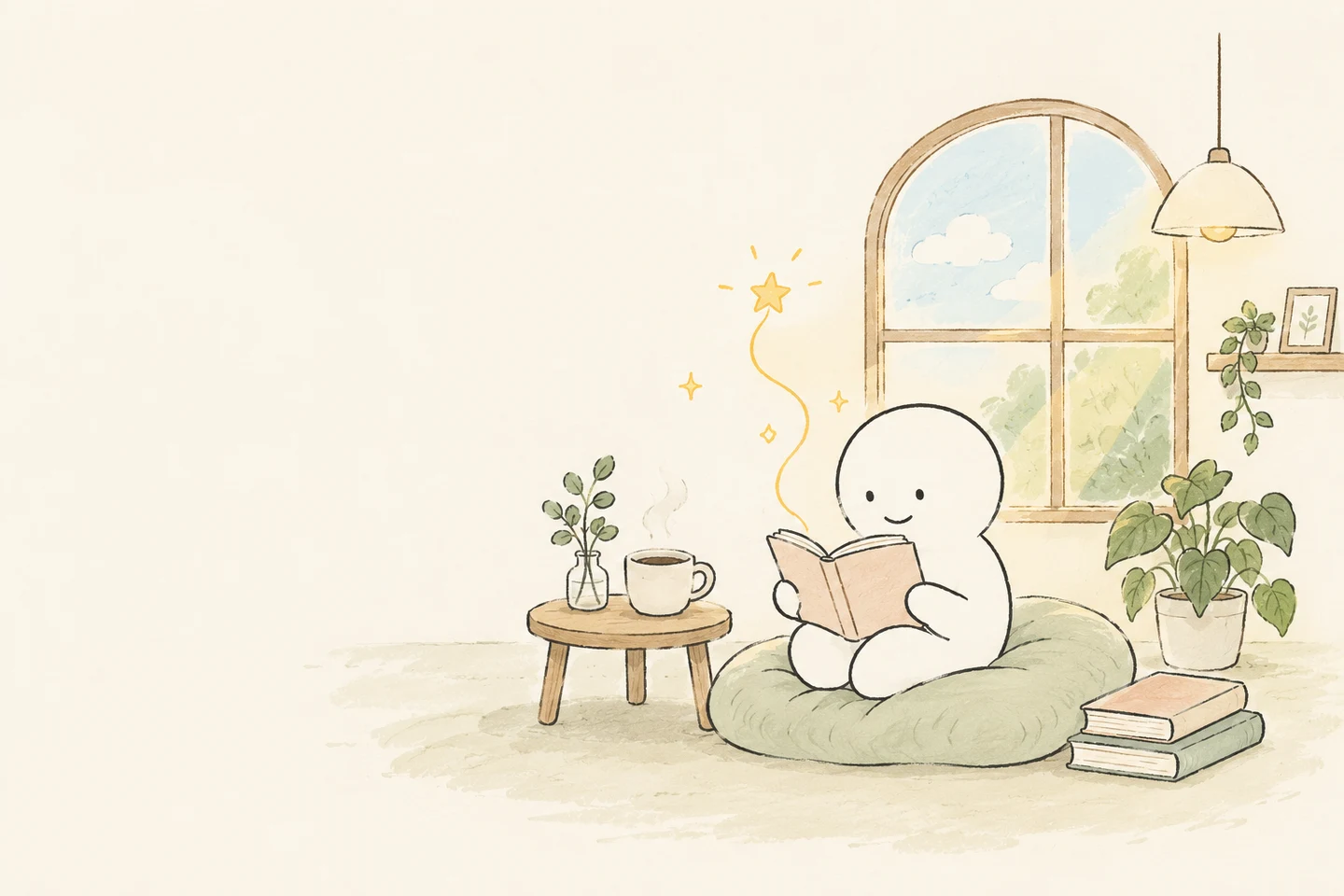 珈琲と本をそばに置き、静かに読書をする白い丸いキャラクター