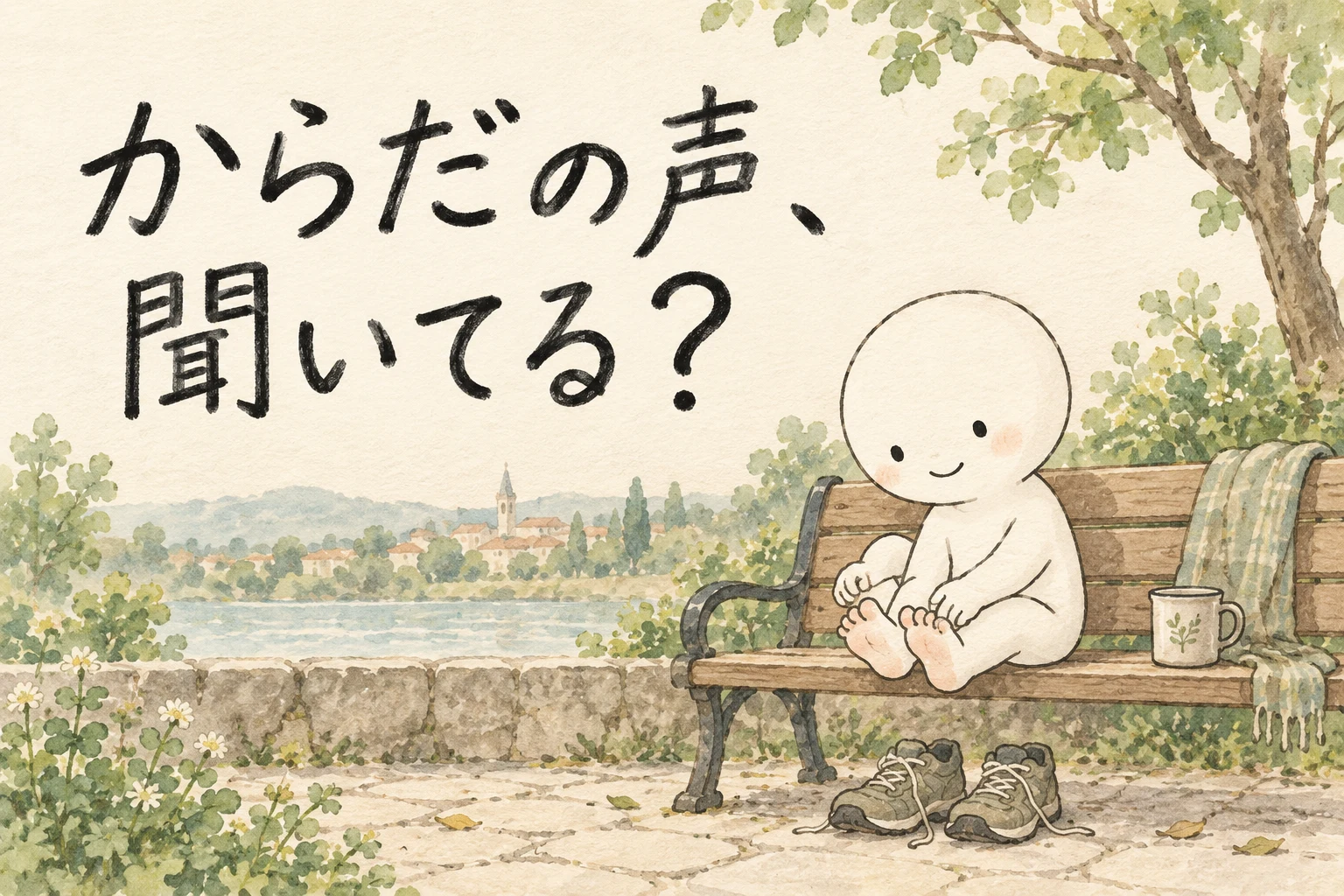 本と暮らしを見つめる白いキャラクターのオリジナル水彩イラスト