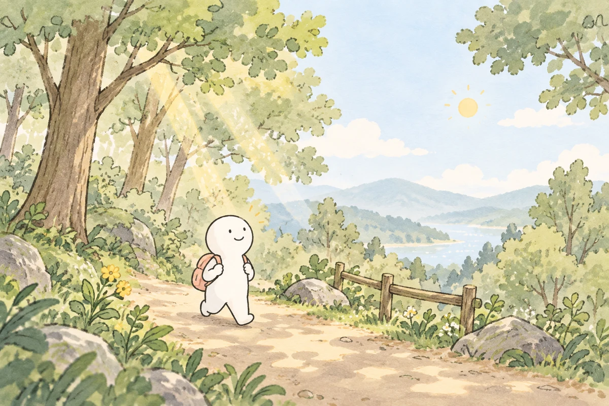 本と暮らしを見つめる白いキャラクターのオリジナル水彩イラスト