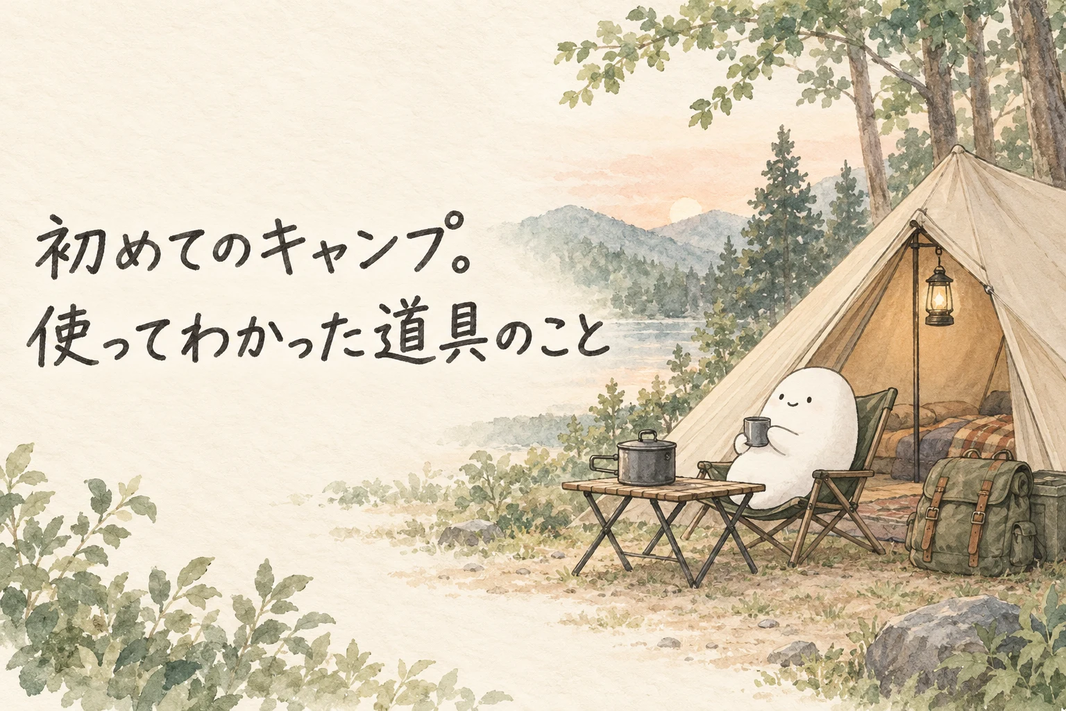 本と暮らしを見つめる白いキャラクターのオリジナル水彩イラスト