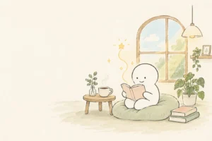 本と暮らしを見つめる白いキャラクターのオリジナル水彩イラスト