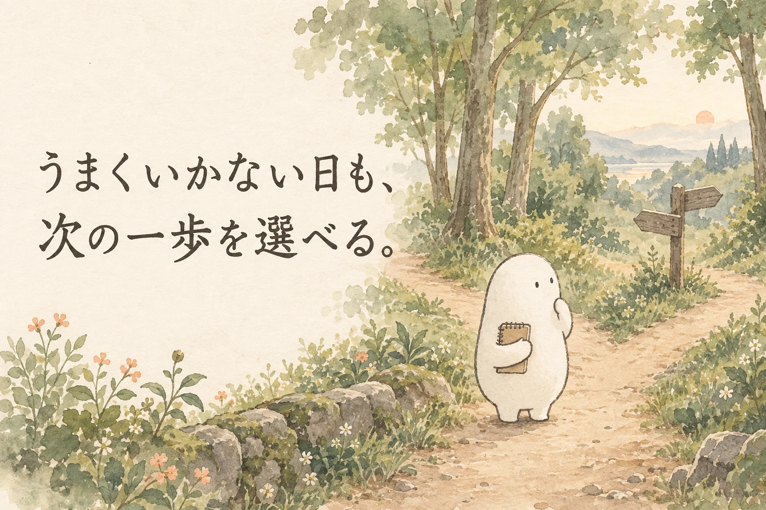本と暮らしを見つめる白いキャラクターのオリジナル水彩イラスト