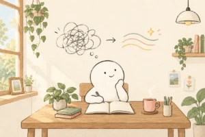 本と暮らしを見つめる白いキャラクターのオリジナル水彩イラスト