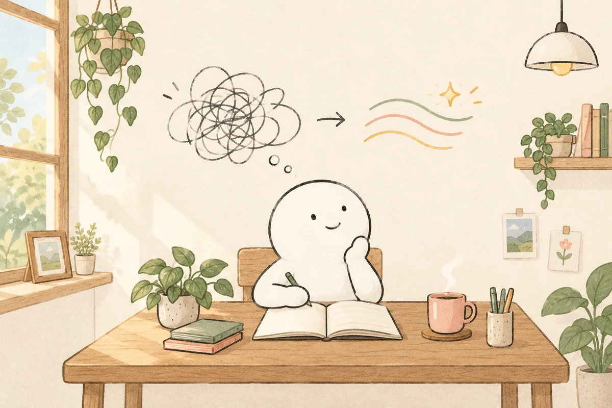 本と暮らしを見つめる白いキャラクターのオリジナル水彩イラスト