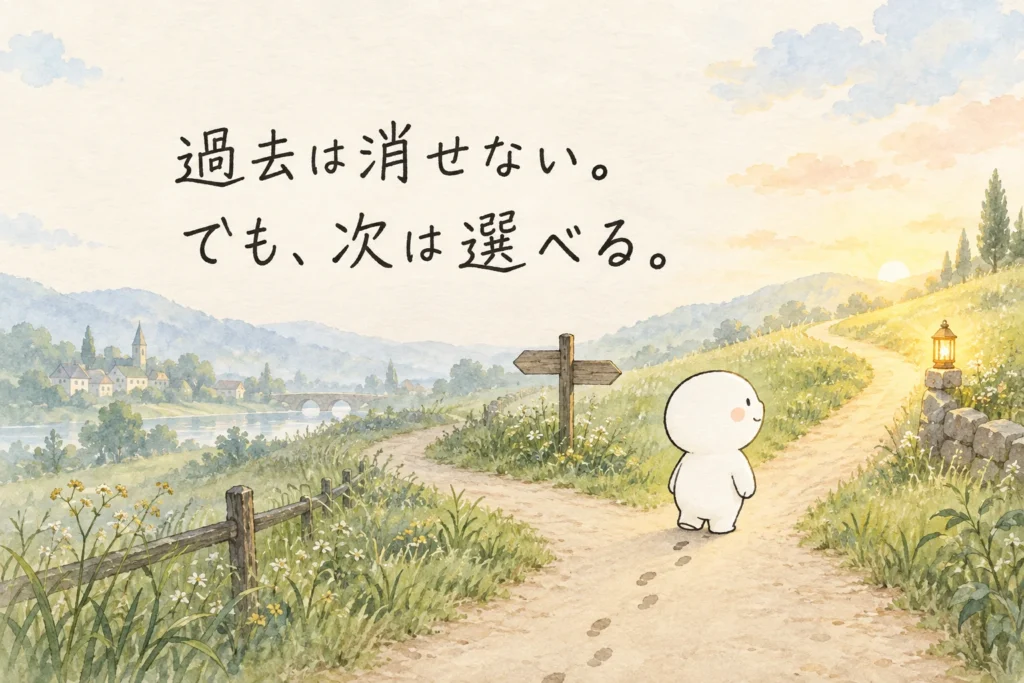 分かれ道で前の灯りを見る白い丸いキャラクター。「過去は消せない。でも、次は選べる。」の手書き文字