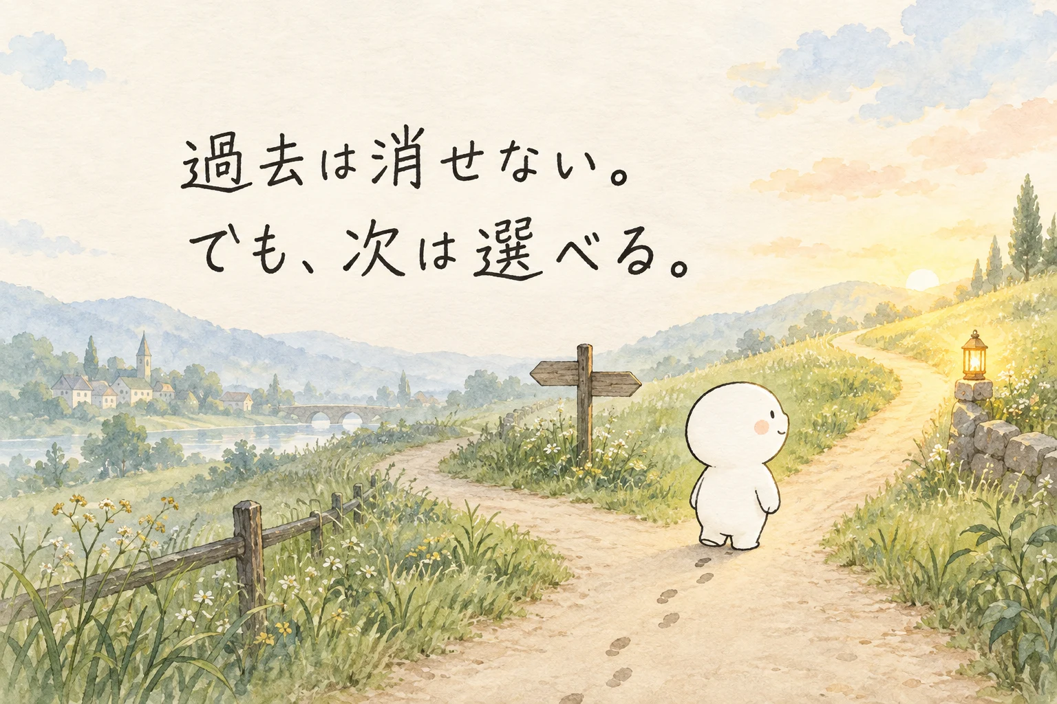 分かれ道で前の灯りを見る白い丸いキャラクター。「過去は消せない。でも、次は選べる。」の手書き文字