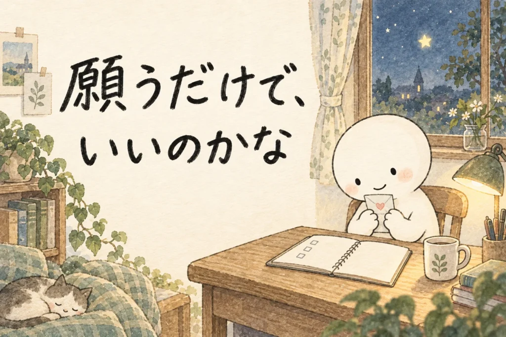 夜の窓辺で願いの紙を胸に持つ白い丸いキャラクター。「願うだけで、いいのかな」の手書き文字