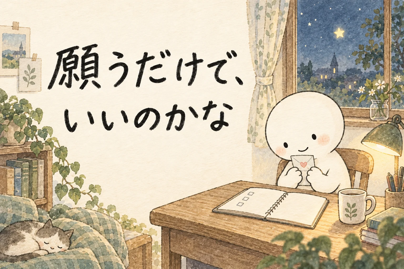 夜の窓辺で願いの紙を胸に持つ白い丸いキャラクター。「願うだけで、いいのかな」の手書き文字