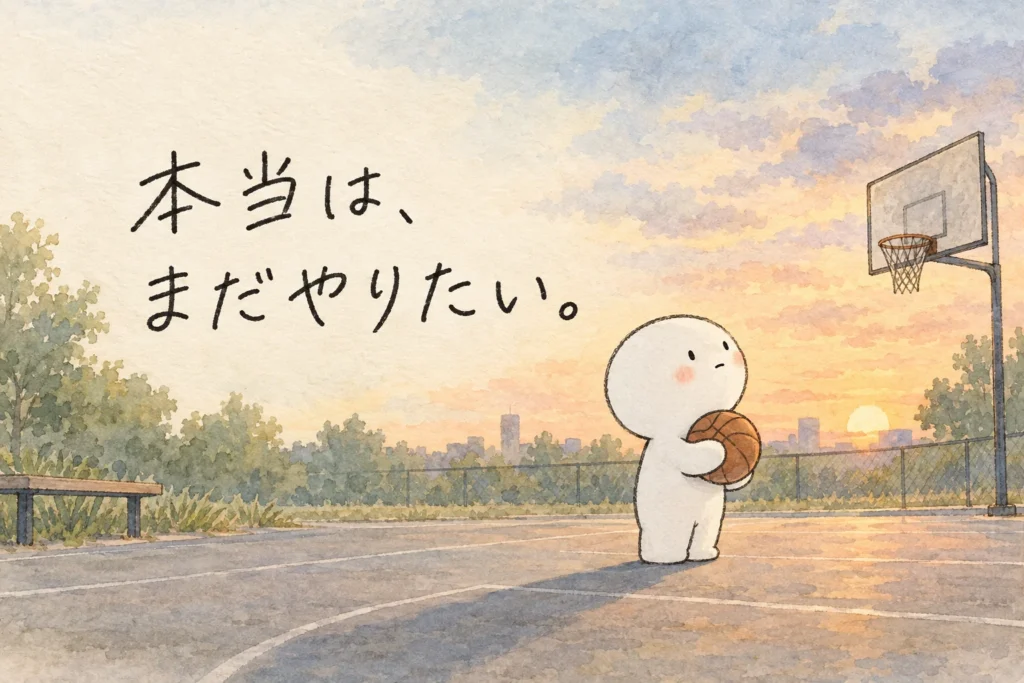 夕暮れのバスケットコートでボールを抱える白い丸いキャラクター。「本当は、まだやりたい。」の手書き文字