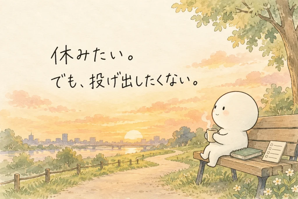 夕方のベンチで珈琲を持つ白い丸いキャラクター。「休みたい。でも、投げ出したくない。」の手書き文字